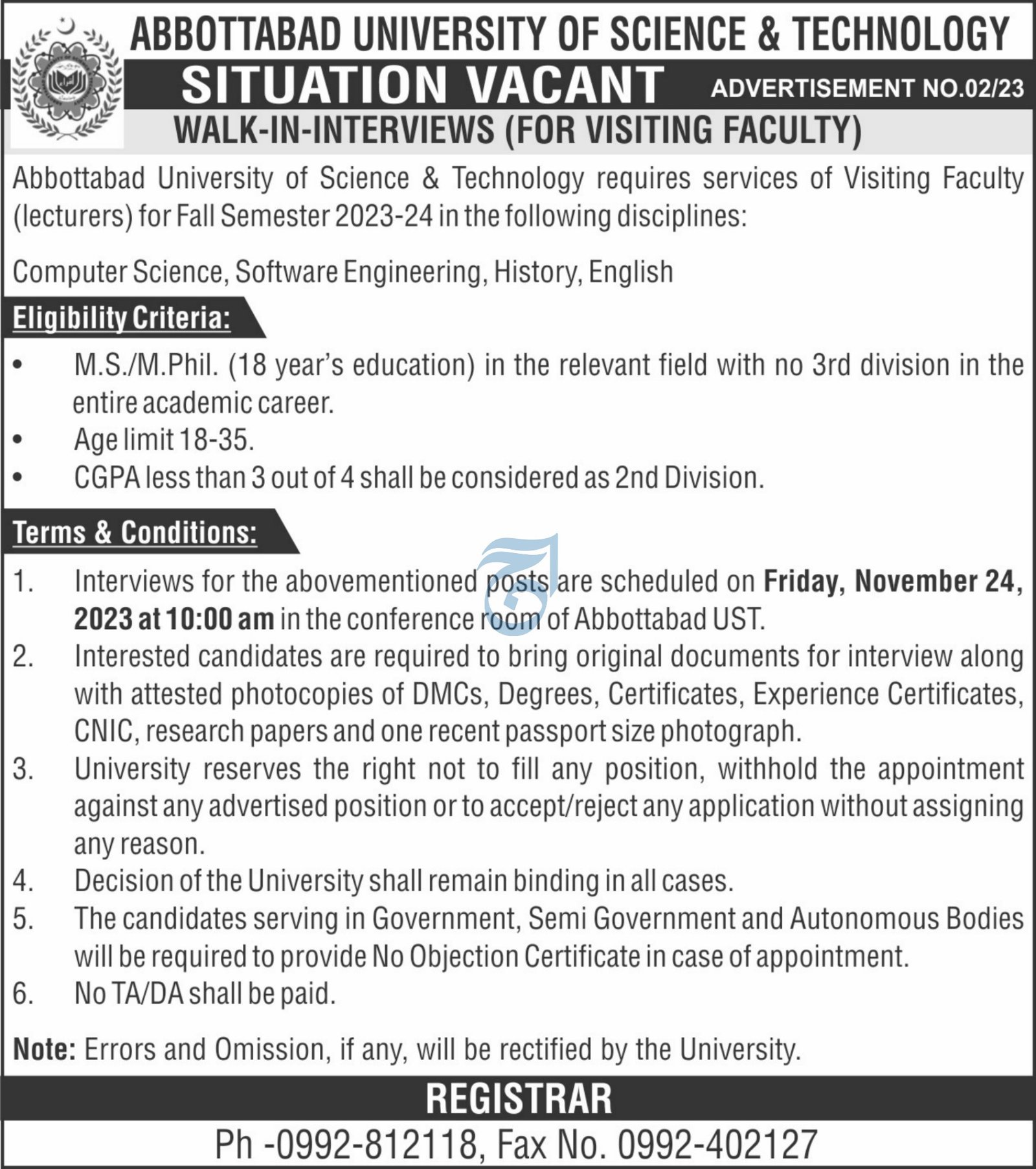 Abbottabad University of Science And Technology Jobs 2023 Jobs 2023 — original advertisement