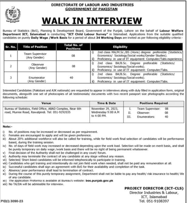 Bureau of Statistics Bos Planning & Development Board Jobs – Bureau of Statistics (BOS), Punjab Jobs 2023 — original advertisement