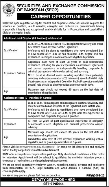 Securities and Exchange Commission Pakistan SECP Jobs 2023 – Securities & Exchange Commission of Pakistan Jobs 2023 — original advertisement