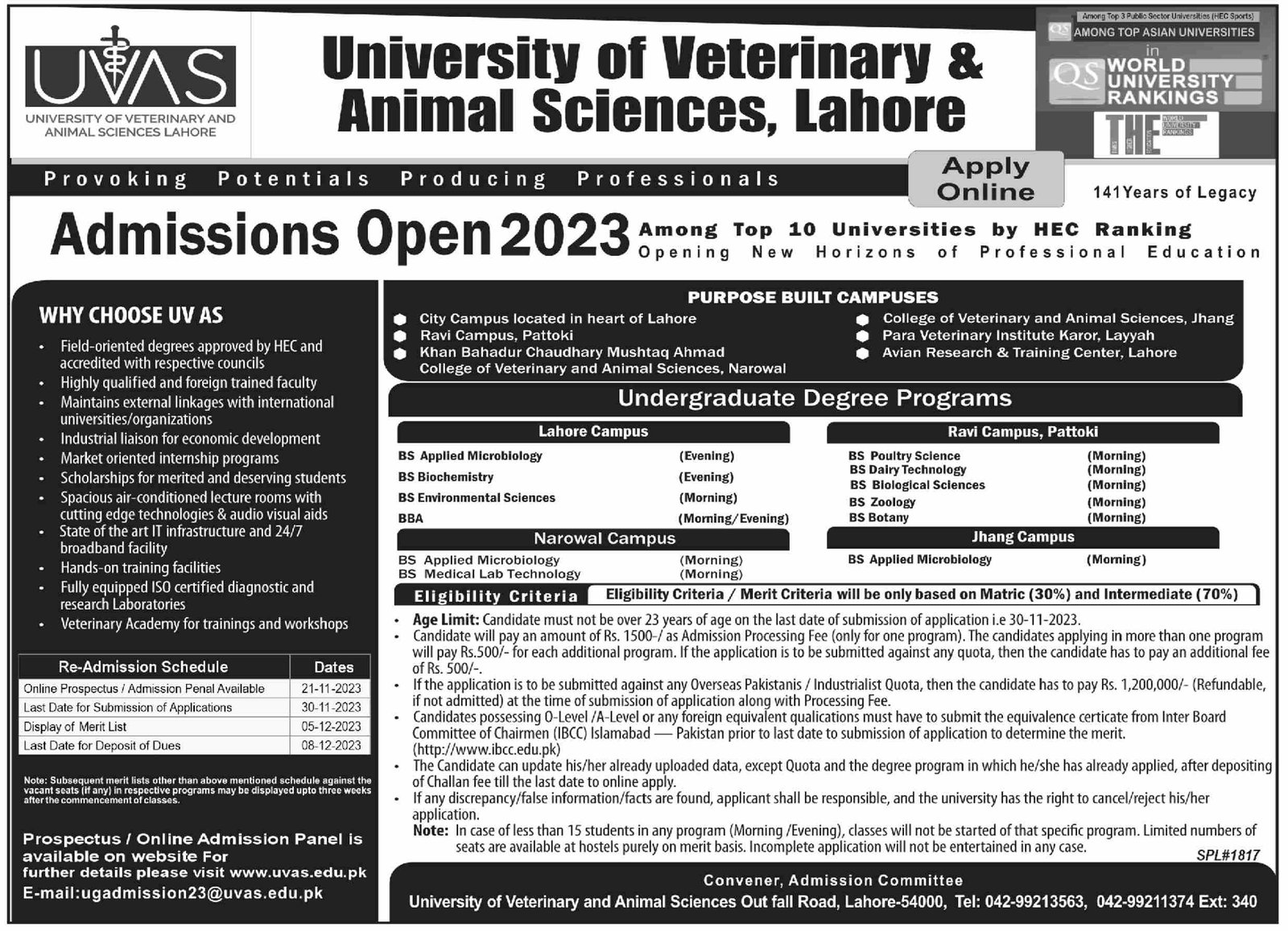 Admissions inUniversity of Veterinary & Animal Sciences UVAS – University of Veterinary and Animal Sciences Lahore Admissions 2023 — original advertisement