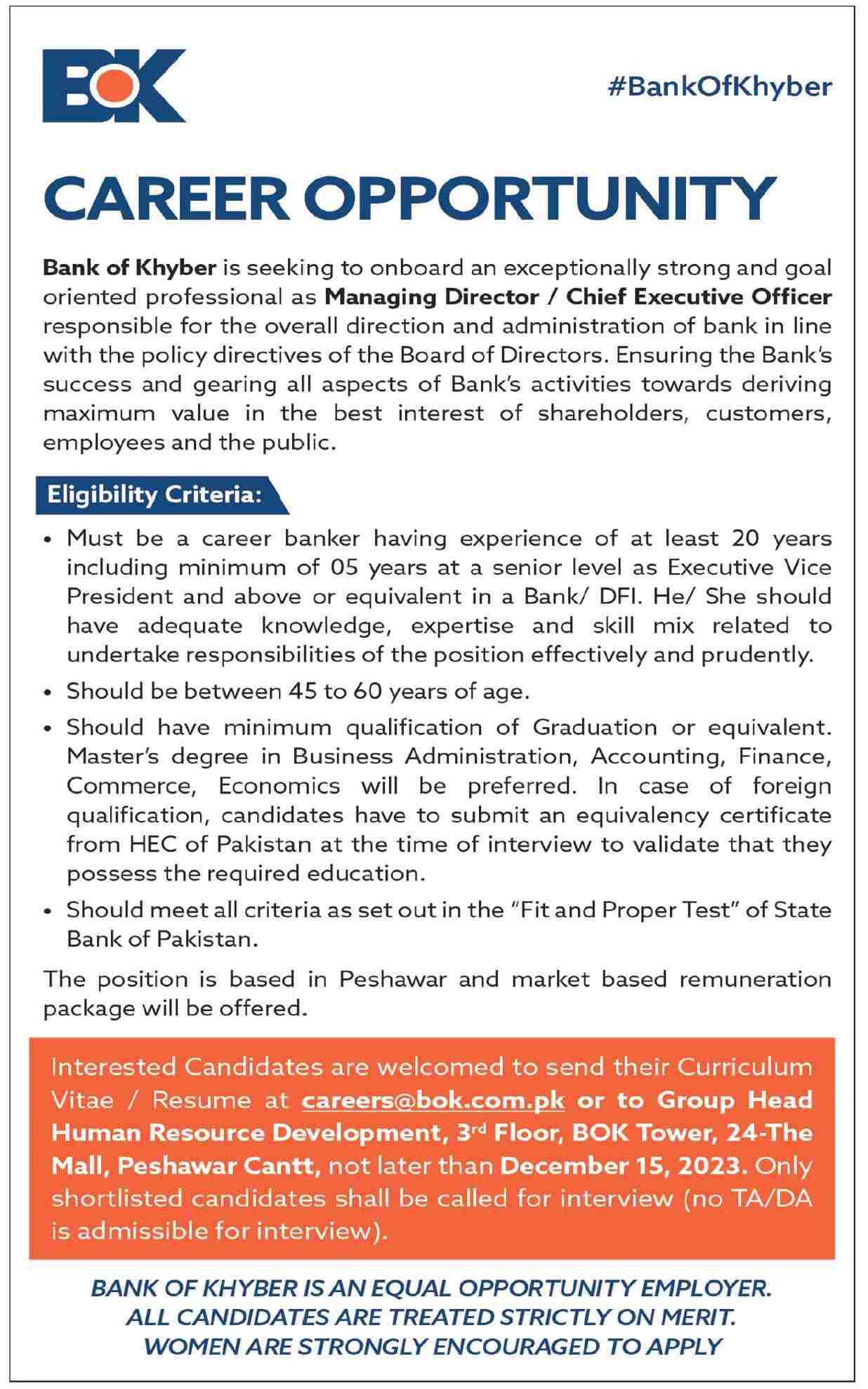 The Bank of Khyber BOK Peshawar Jobs 2023 Jobs 2023 — original advertisement