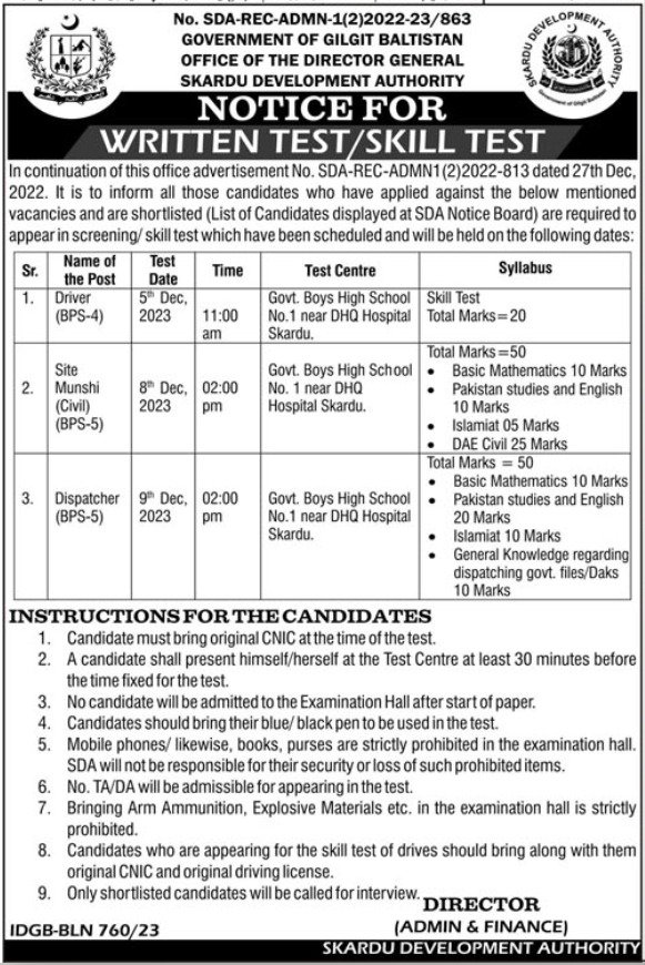 Skardu Development Authority SDA Skardu Jobs 2023 – Government of Gilgit-Baltistan Jobs 2023 — original advertisement