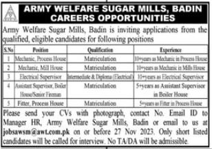 Army Welfare Sugar Mills Badin Sindh Jobs  2023 – Pakistan Army Jobs 2023 — original advertisement
