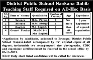 District Public School Education Nankana Sahib Jobs 2023 – District Public School Chishtian Jobs 2023 — original advertisement