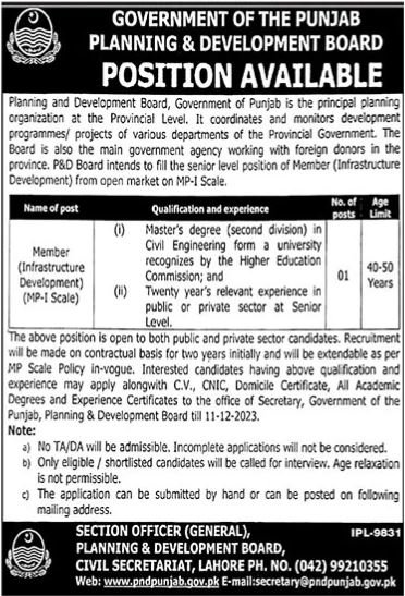 Planning & Development Board Lahore Jobs 2023 – Planning & Development Board Punjab Jobs 2023 — original advertisement