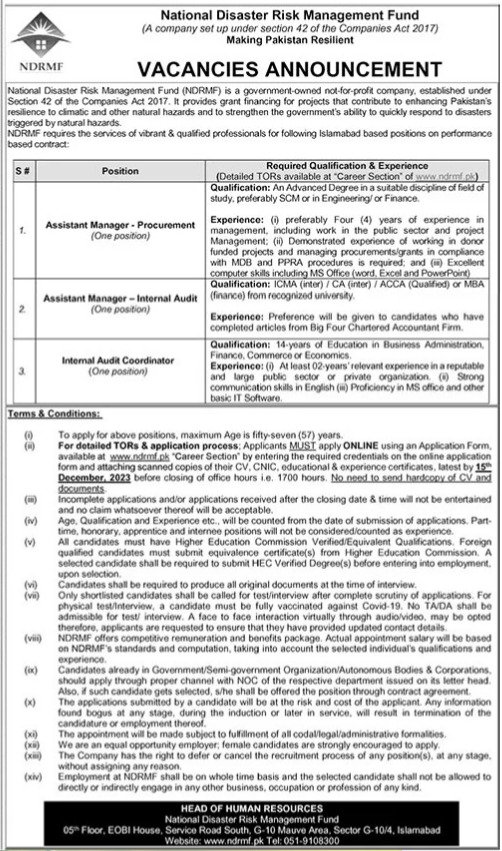 National Disaster Risk Management Fund Islamabad Jobs 2023 – National Disaster & Risk Management Fund Jobs 2023 — original advertisement