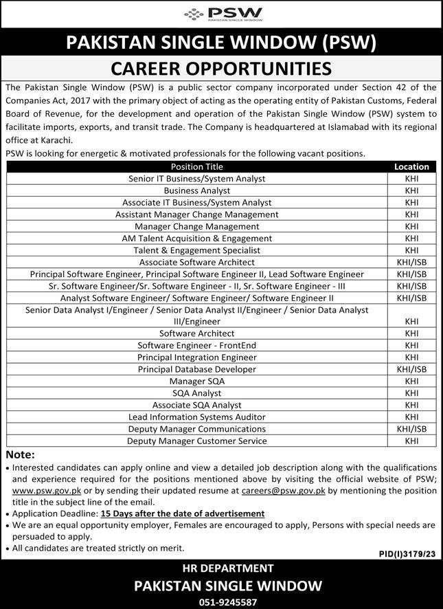 Pakistan Single Window PSW  Karachi Jobs 2023 Jobs 2023 — original advertisement