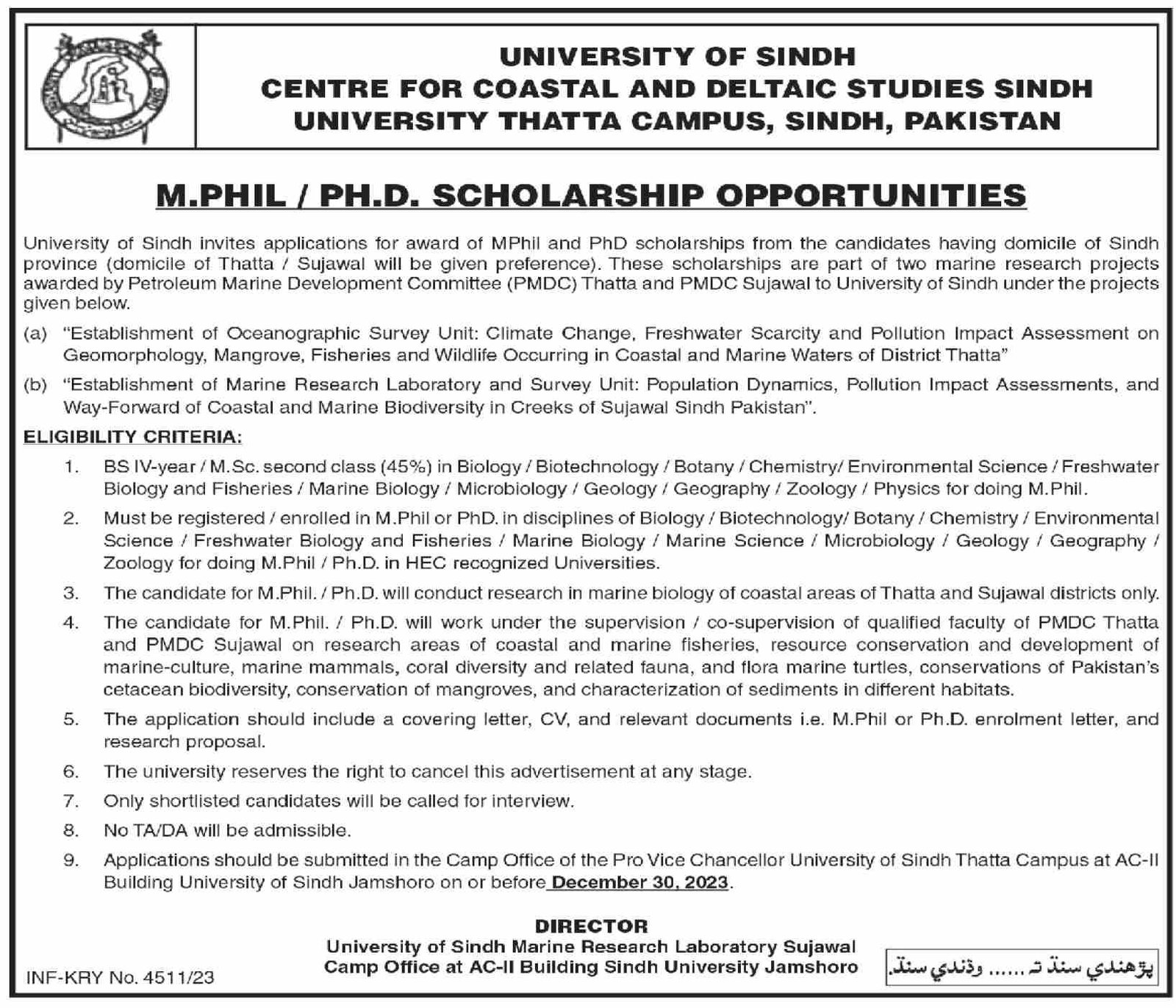Scholarships Mphil PHD university of Sindh 2023 – University of Sindh Jamshoro Scholarships 2023 — original advertisement