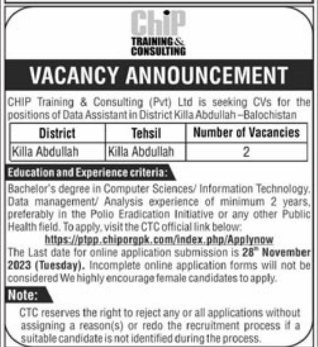 Chip Training & Consulting Pvt Ltd Jobs 2023 – Chip Training Consulting Pvt Ltd Jobs 2023 — original advertisement