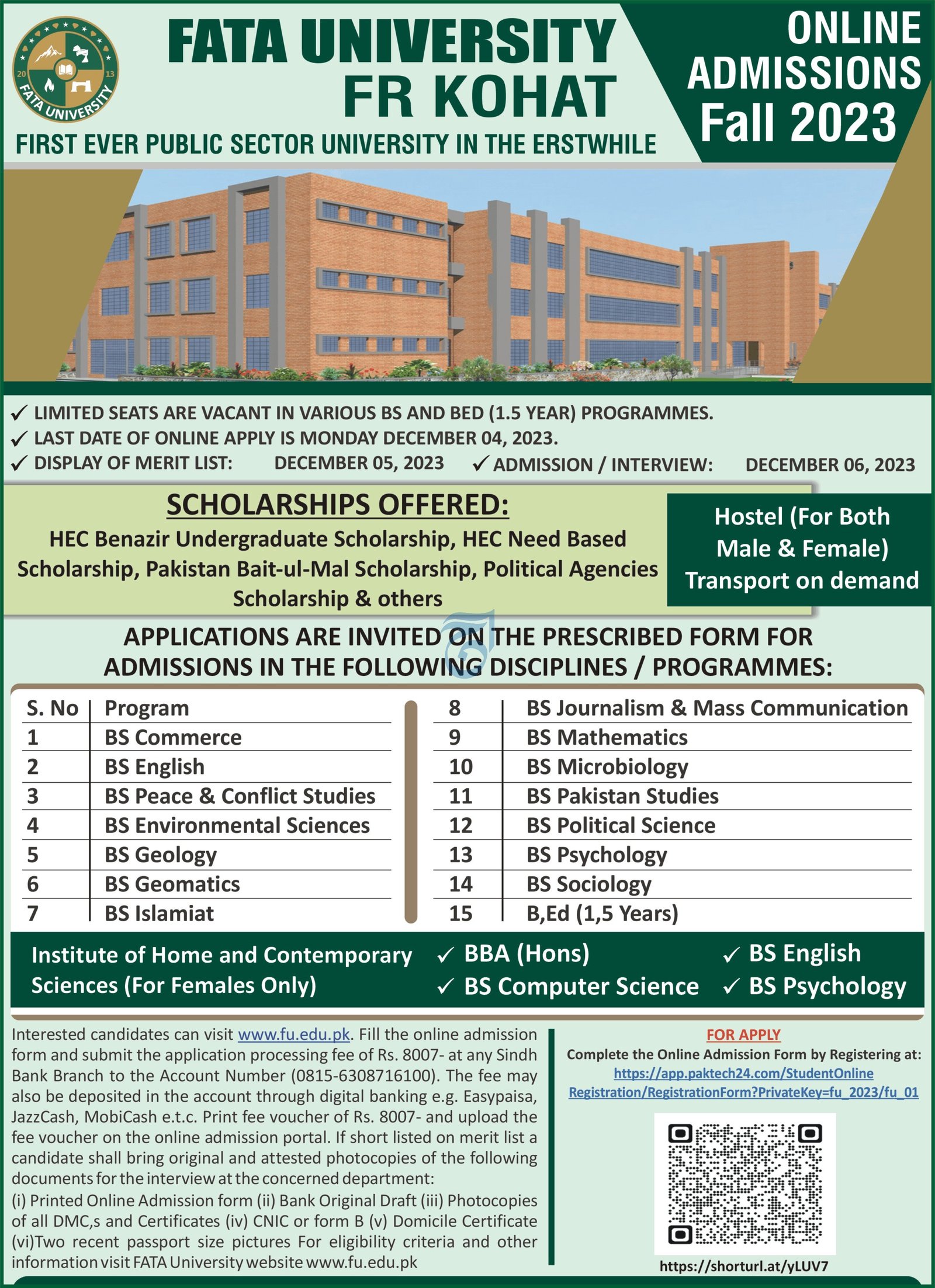 Admissions in Fata University Fr Kohat 2023 – FATA University Akhorwal Darra Adam Khel FR Kohat Admissions 2023 — original advertisement