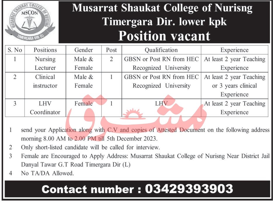 Musarrat Shaukat College of Nursing Lower Dir Jobs 2023 Jobs 2023 — original advertisement