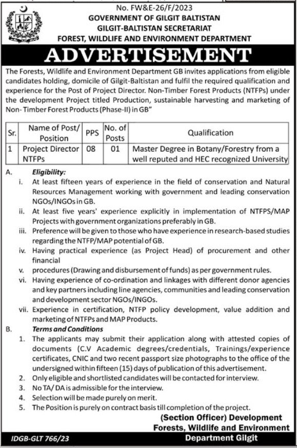 Forest Wildlife & Environment Department Gilgit Jobs 2023 – Forest Department Gilgit Baltista Jobs 2023 — original advertisement