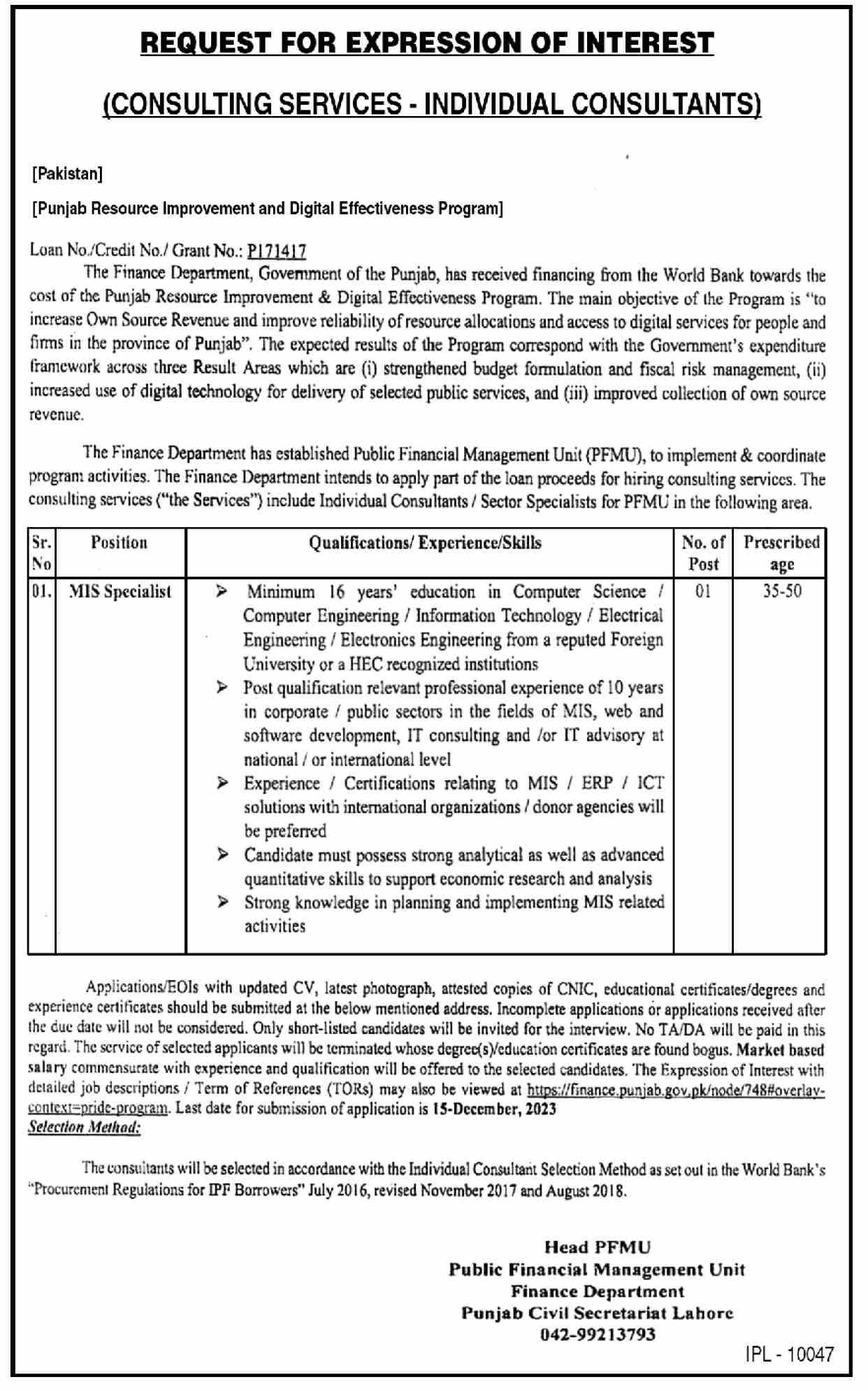 Finance Department Lahore Punjab Jobs 2023 – Finance Department Punjab Jobs 2023 — original advertisement