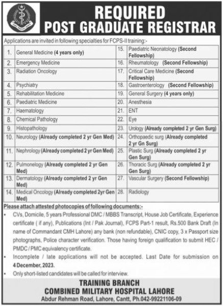 Combined Military Hospital Postgraduate Registrar Jobs 2023 – Combined Military Hospital CMH Jobs 2023 — original advertisement