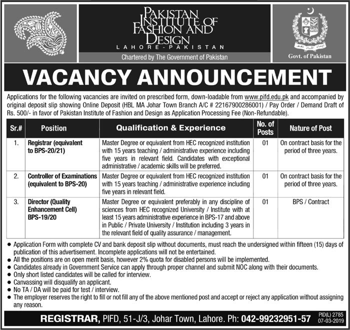 Pakistan Institute of Fashion and Design PIFD Lahore Jobs Jobs 2023 — original advertisement