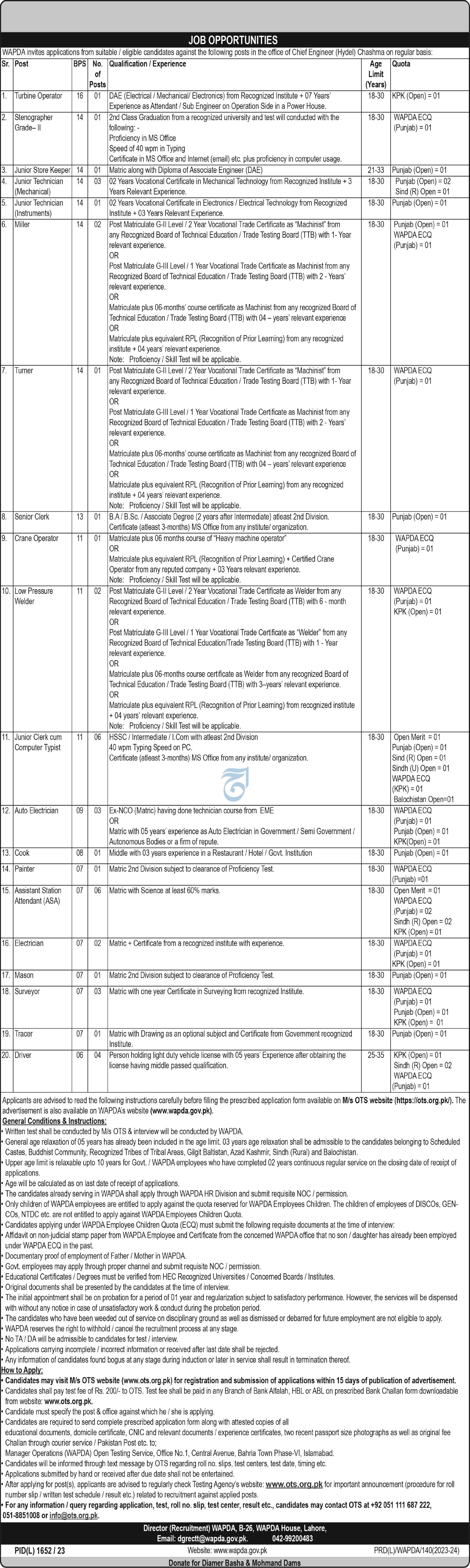 Water And Power Development Authority WAPDA Lahore Jobs 2023 Jobs 2023 — original advertisement