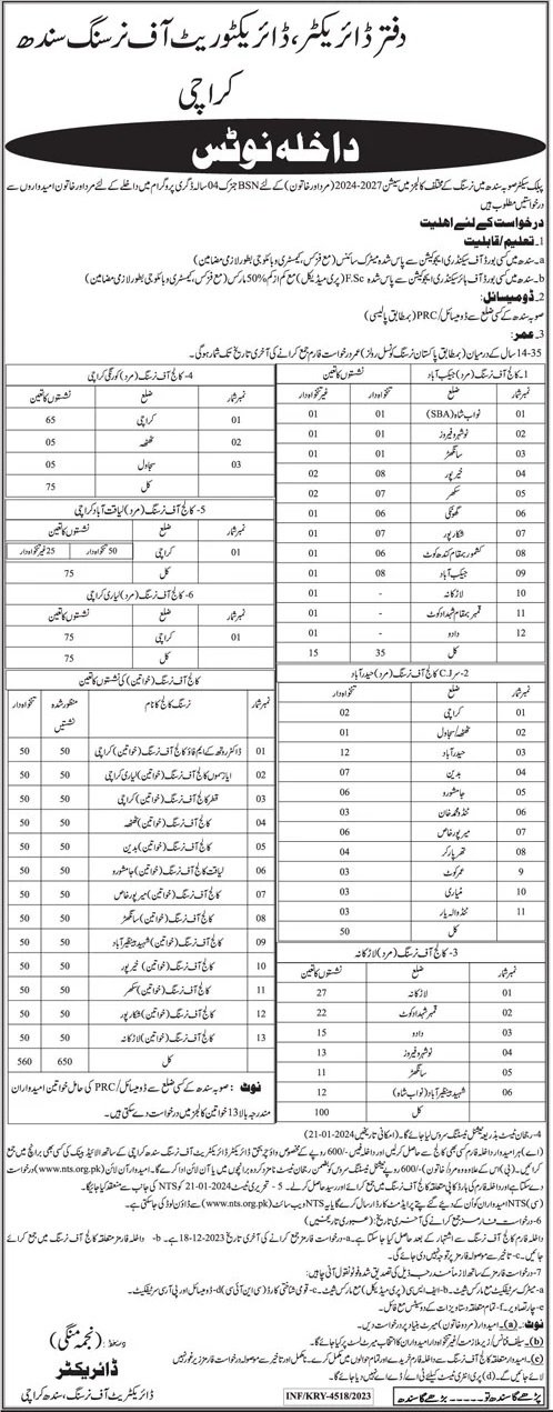 Admissions in Directorate of Nursing Sindh Karachi 2023 – College education department Sindh Admissions 2023 — original advertisement