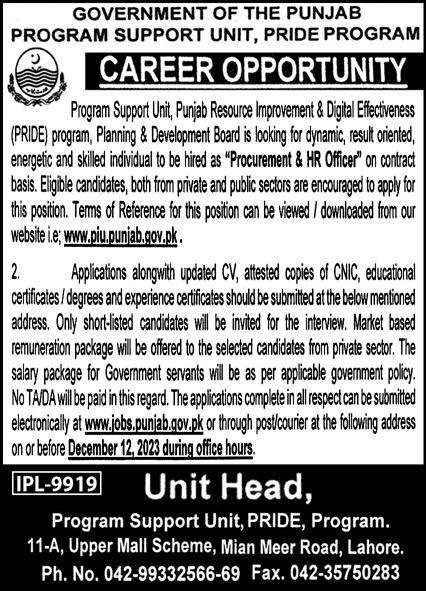 Program Suppport Unit Pride Program Punjab Jobs 2023 – Govt of Punjab Jobs 2023 — original advertisement
