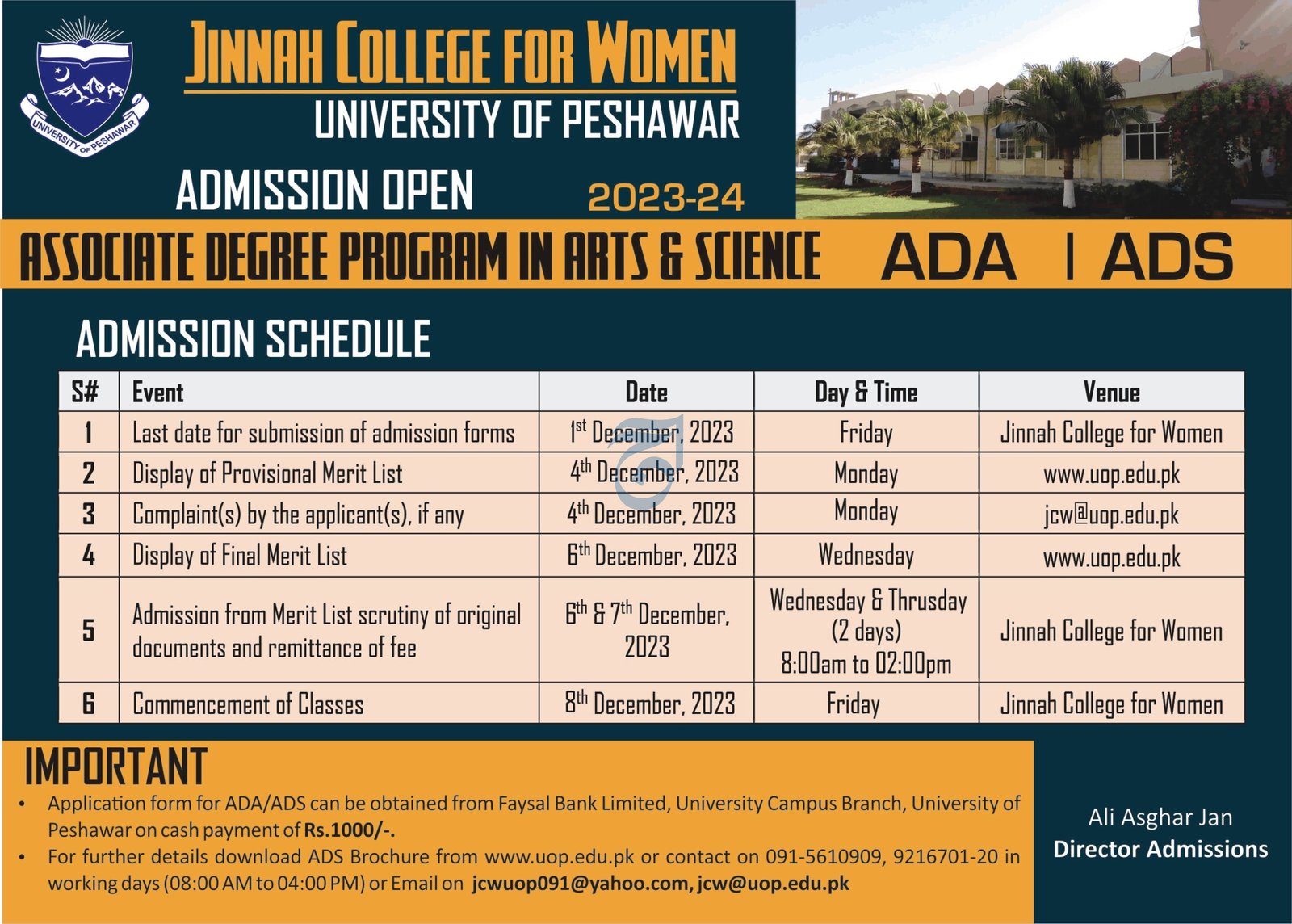 Admissiosn Open Jinnah College for Women 2023-24 – University of Peshawar Jobs 2023 — original advertisement