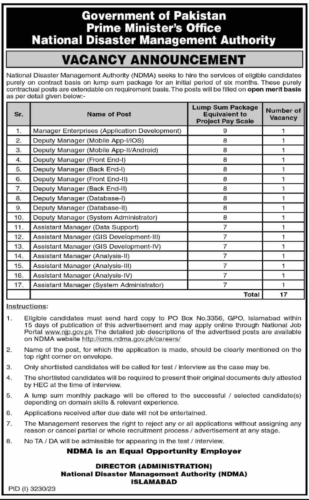 National Disaster Management Authority NDMA Jobs 2023 – National Disaster Management Authority (NDMA) Pakistan Jobs 2023 — original advertisement