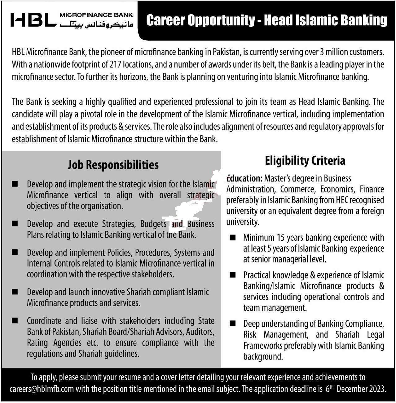 HBL Microfinance Bank Karachi Sindh Jobs 2023 – Habib Bank limited Jobs 2023 — original advertisement