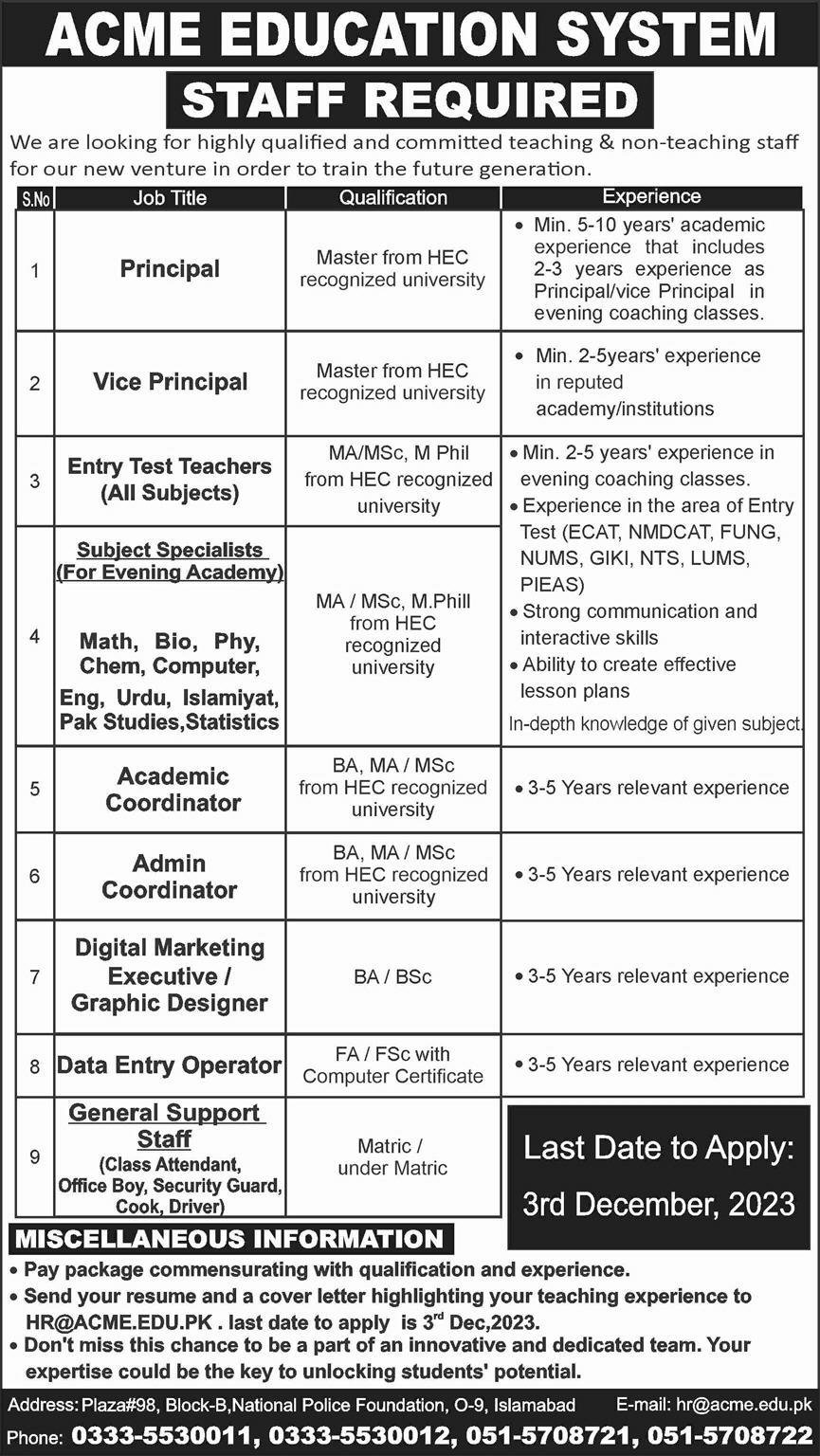 ACME Education System Education Islamabad Jobs 2023 – ICMS Education System Jobs 2023 — original advertisement