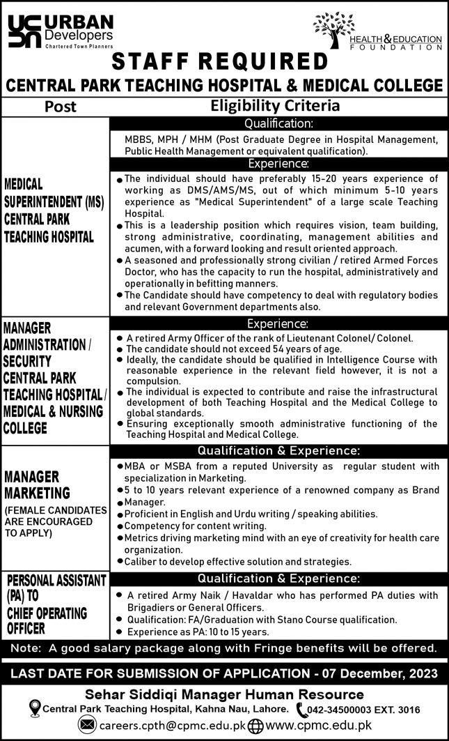 Central Park Medical College And Teaching Hospital Jobs 2023 – Central Park Medical College & Teaching Hospital Jobs 2023 — original advertisement