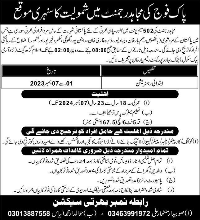 Pak Army Mujahid Regiment Jobs 2023 – Pakistan Army Jobs 2023 — original advertisement