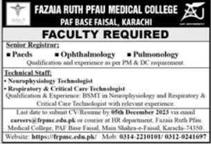 Fazaia Ruth PFau Medical College Faculty Staff Jobs 2023 – Fazaia Schools & Colleges Jobs 2023 — original advertisement