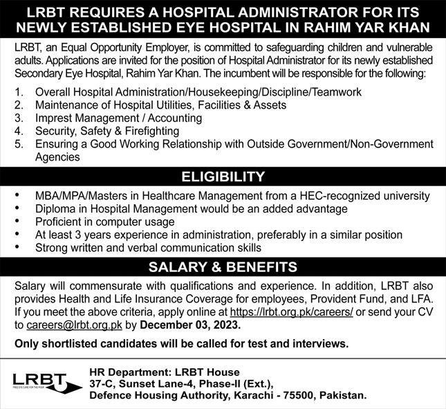LRBT Secondary Eye Hospital Rahim Yar Khan Jobs 2023 – LRBT Tertiary Eye Teaching  Hospital Jobs 2023 — original advertisement