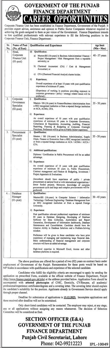 Finance Department Punjab Jobs 2023 Jobs 2023 — original advertisement