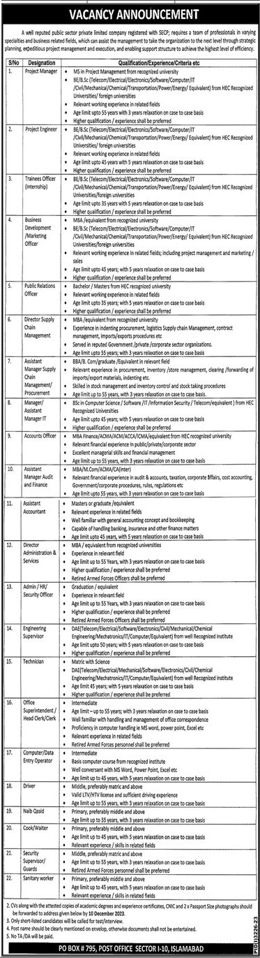 Well Reputed Public Sector Private Limited Company Jobs 2023 – Private Company Jobs 2023 — original advertisement