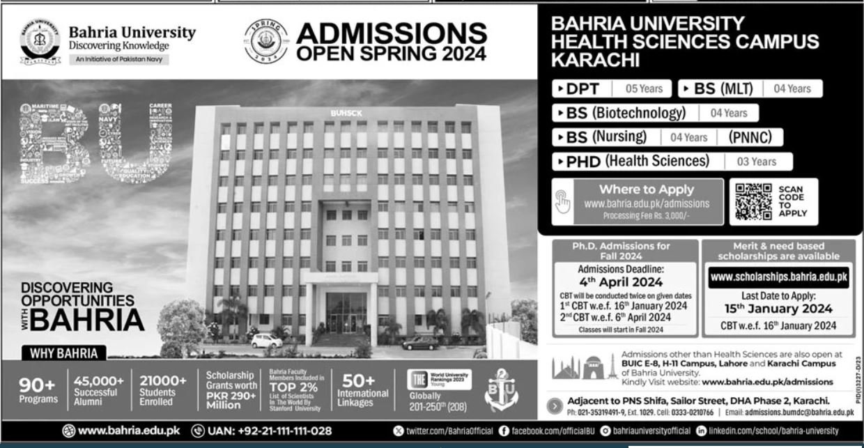 Admissions Open in Bahria University Health Science Admissions 2023 — original advertisement