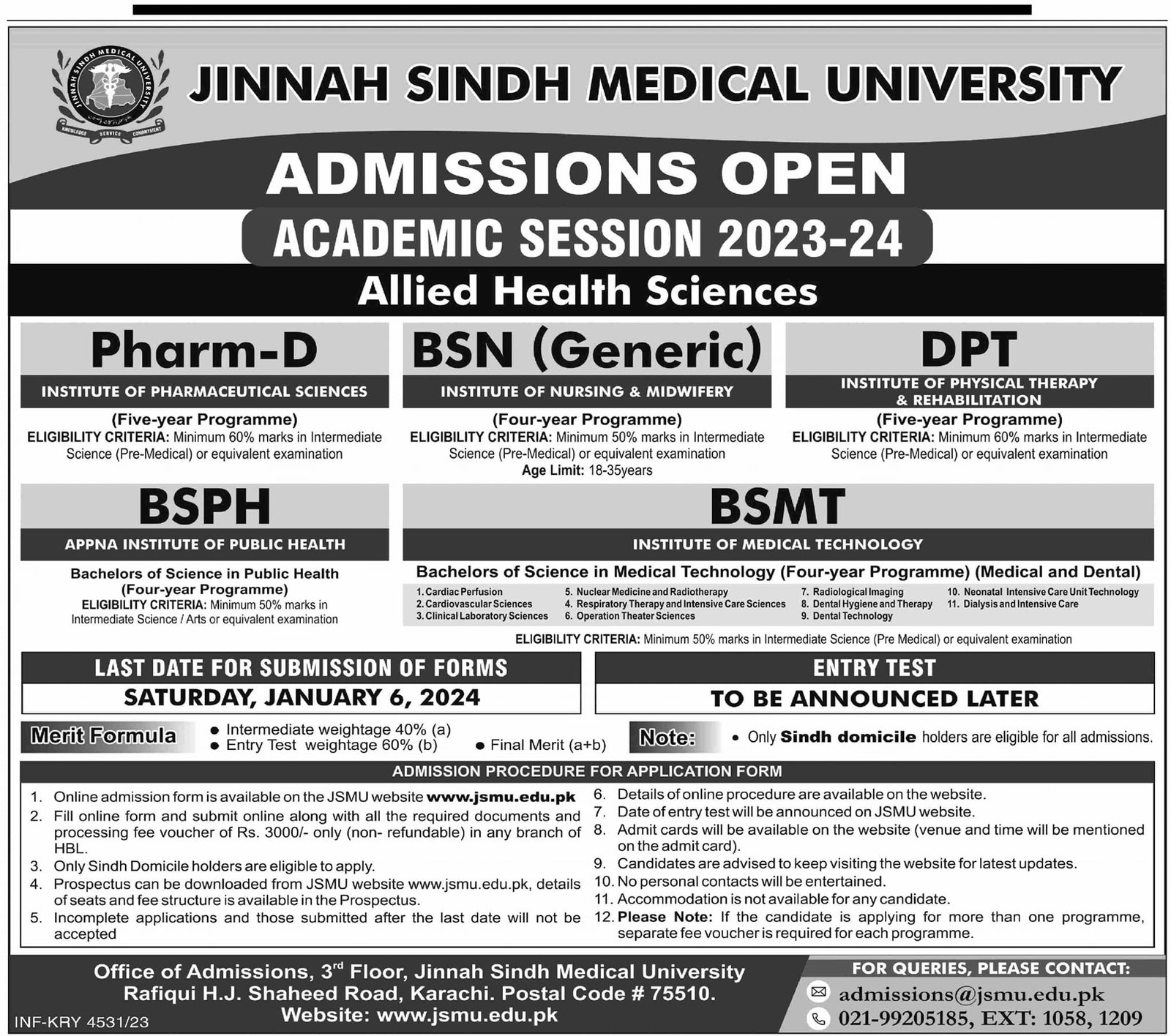 Admissions in Jinnah Sindh Medical University 2023-24 – Jinnah Sindh Medical University Karachi Admissions 2023 — original advertisement