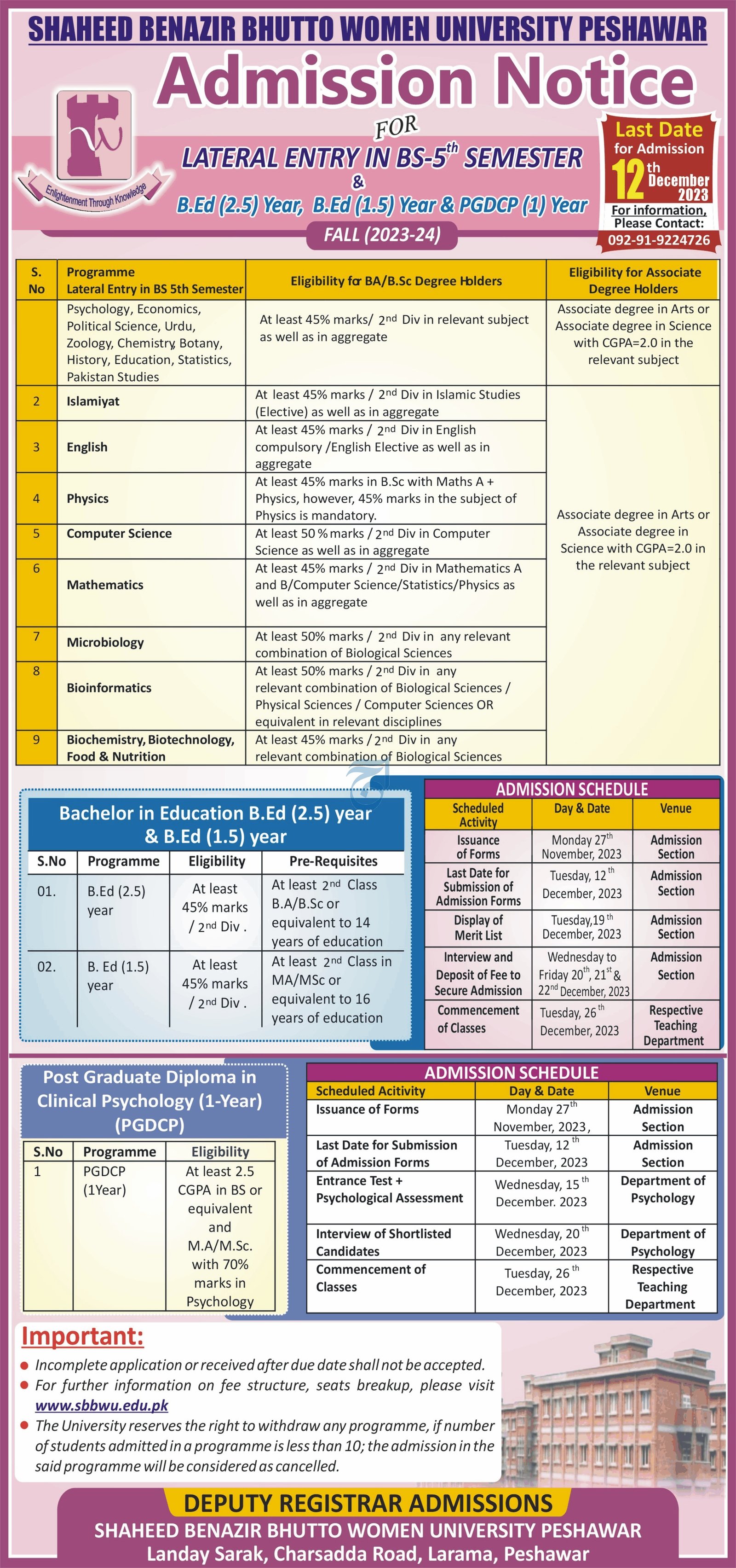 Admissions Open in shaheed Benazir Bhutto Women University – Shaheed Benazir Bhutto Women University Peshawar Admissions 2023 — original advertisement