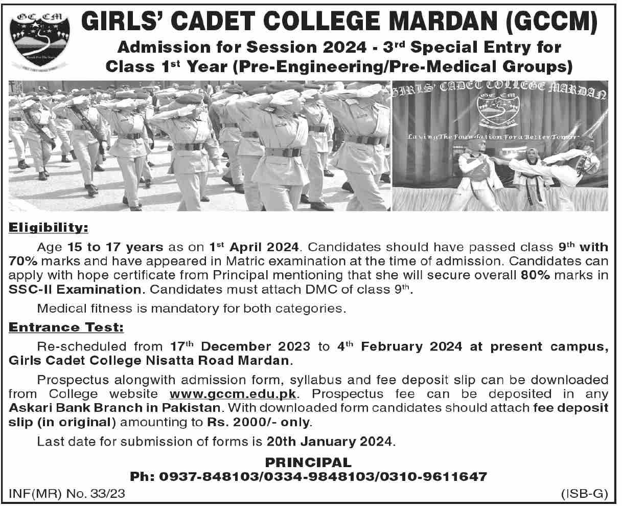 Admissions Open in Girls College Mardan GCCM 2024 – Girls Cadet College Mardan Admissions 2023 — original advertisement