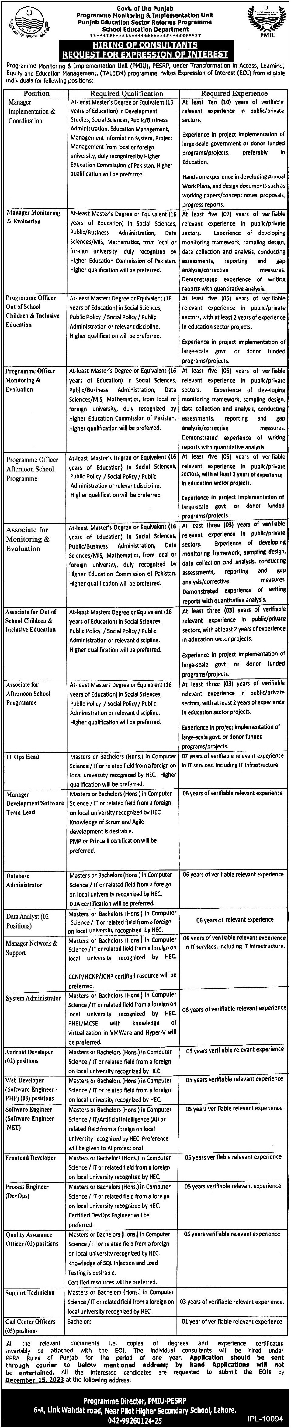 Programme Management & Implementation Unit PMIU Lahore Jobs – School Education Department Punjab Jobs 2023 — original advertisement