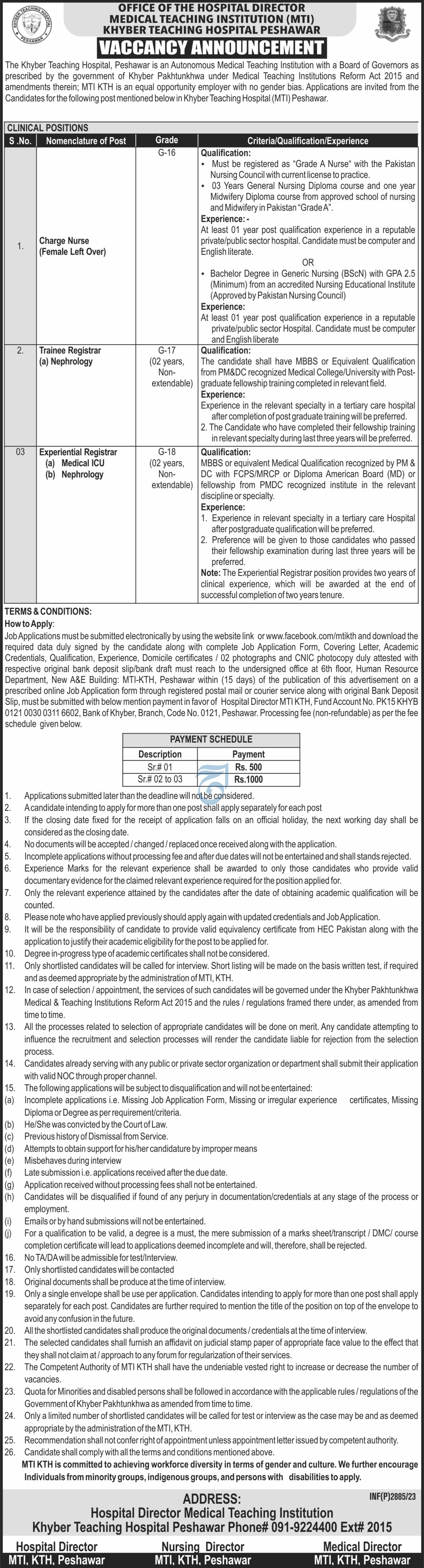 Khyber Teaching Hospital Peshawar Jobs 2023 – Medical Teaching Institute MTI Khyber Teaching Hospital Peshawar Kpk Jobs 2023 — original advertisement