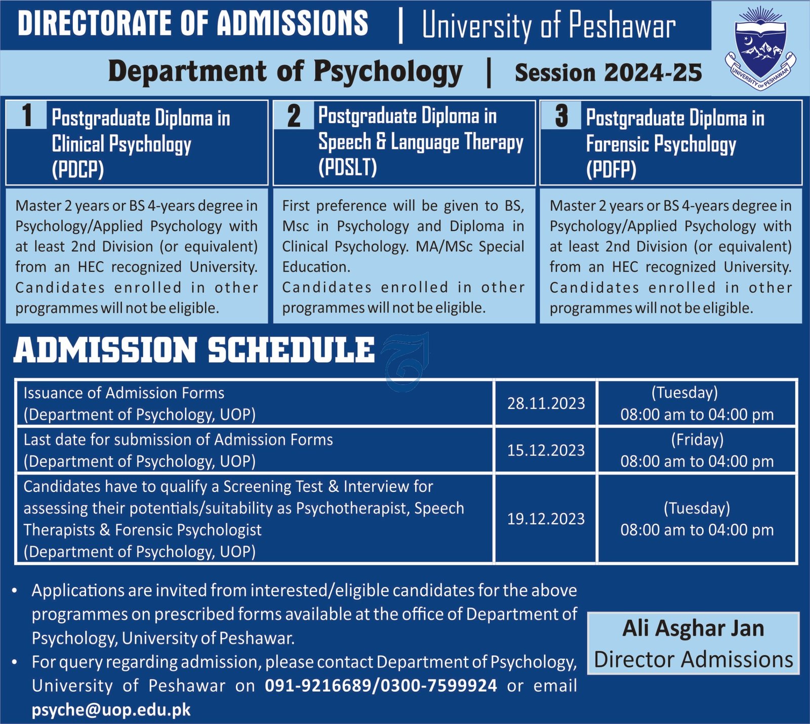Directorate of Admissions University of Peshawar 2023 Admissions 2023 — original advertisement