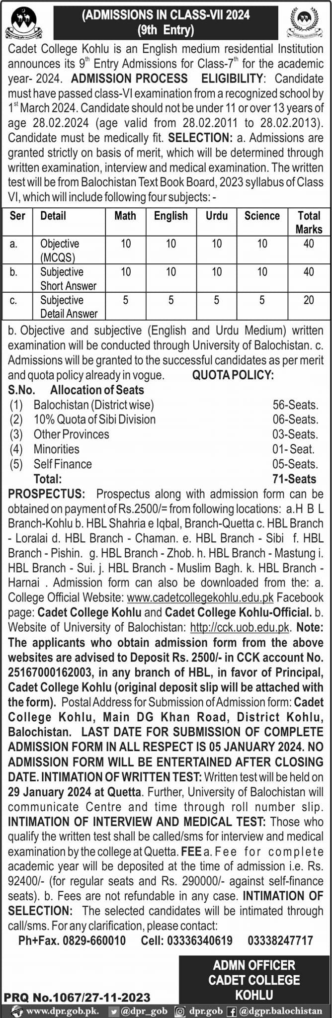 Admissions Open in Cadet College Kohlu Balochistan Admissions 2023 — original advertisement