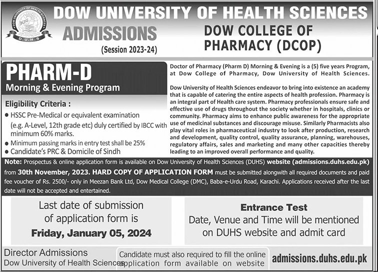 Admissions Open in Dow University of Health Sciences Karachi Admissions 2023 — original advertisement