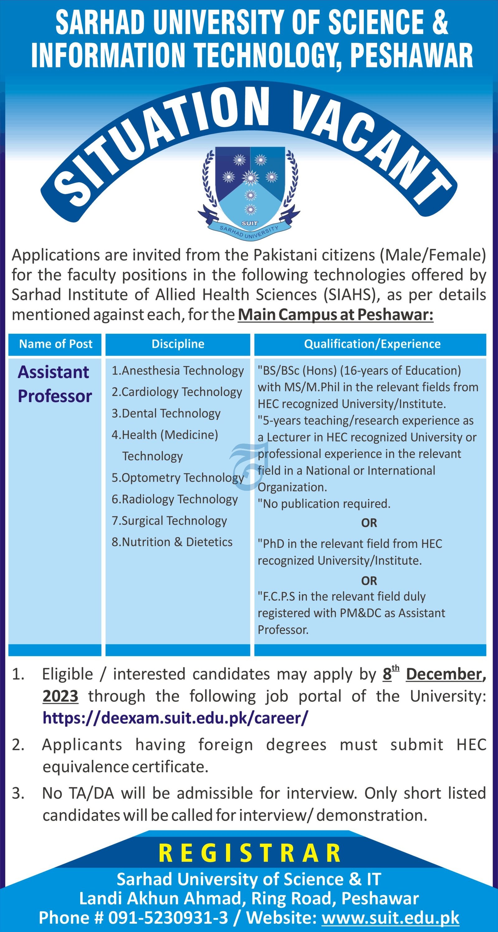 Sarhad University of Science And Information Technology Jobs – Sarhad University of Science and Information Technology Peshawar Jobs 2023 — original advertisement