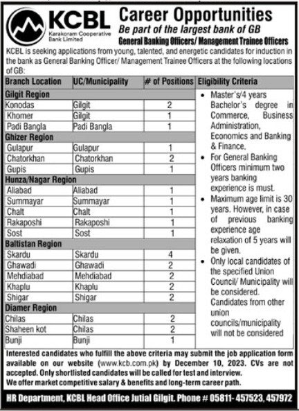 KCBL General Banking Officer In Gilgit Baltistan Jobs  2023 – Karakoram Cooperative Bank Limited Jobs 2023 — original advertisement