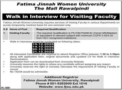 Fatima Jinnah Women University Visiting Faulty Jobs 2023 – Fatima Jinnah Women University Rawalpindi Jobs 2023 — original advertisement