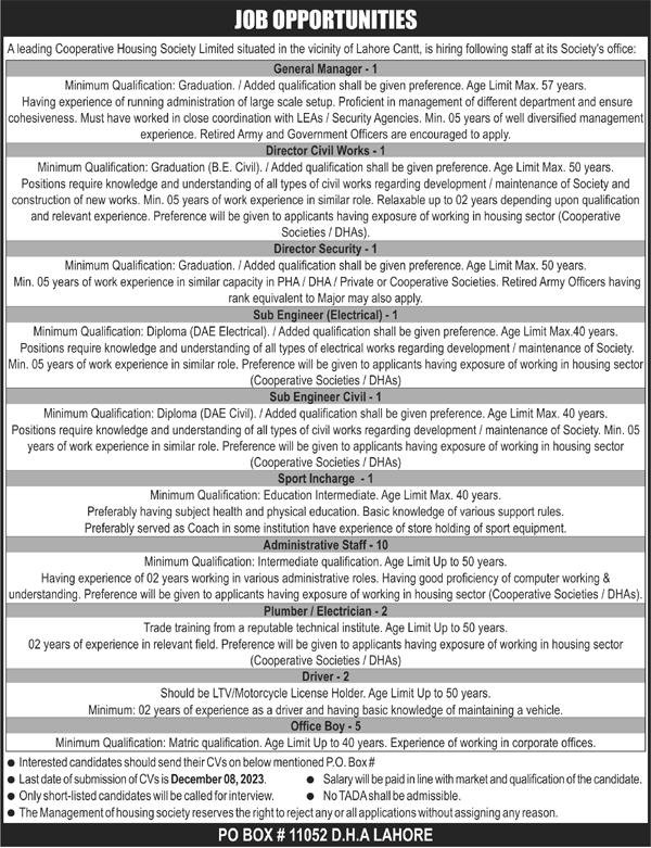Leading Cooperative Housing Society Limited Lahore Job 2023 – Defence Housing Authority Jobs 2023 — original advertisement