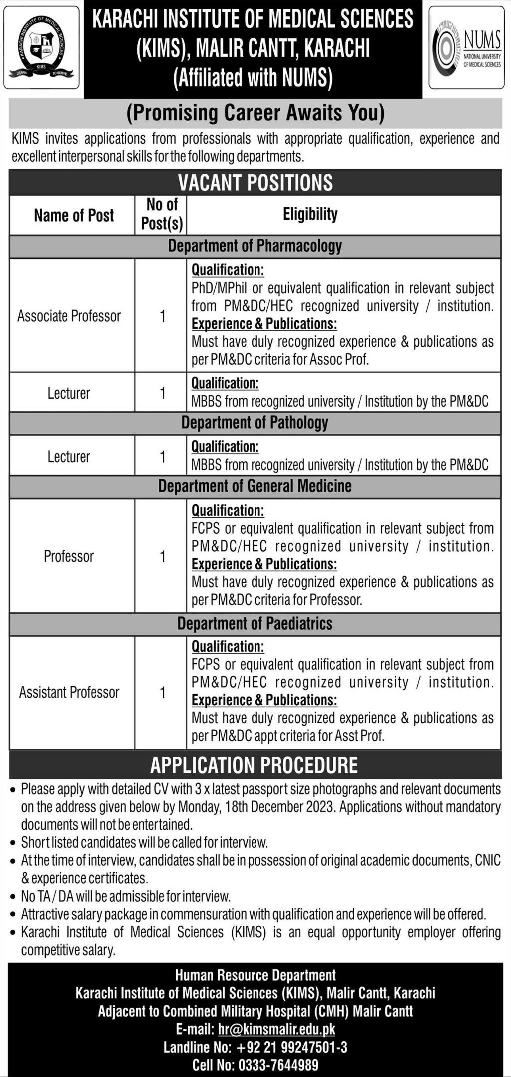 Karachi Institute Of Medical Sciences Karachi KIMS Jobs 2023 – Karachi Institute Of Medical Sciences, CMH Malir Karachi Jobs 2023 — original advertisement