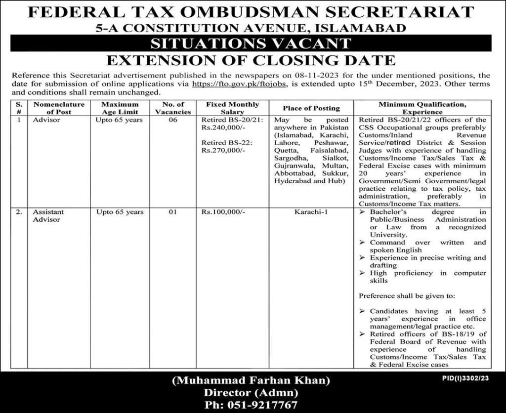 Federal Tax Ombudsman Secretariat Islamabad Jobs 2023 – Federal Tax Ombudsman Secretariat Pakistan Islamabad Jobs 2023 — original advertisement