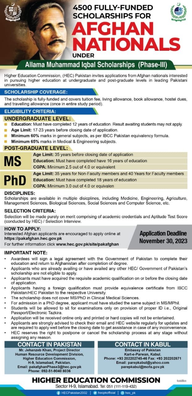 Allama iqbal scholarships for Afghan nationals phase iii – Higher Education Commission Islamabad Scholarships 2023 — original advertisement