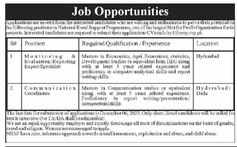 National Rural Support Programme NRSP Karachi Jobs 2023 – National Rural Support Program NRSP Jobs 2023 — original advertisement