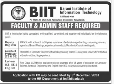 Barani Institute of Information Technology BIIT Jobs 2023 Jobs 2023 — original advertisement